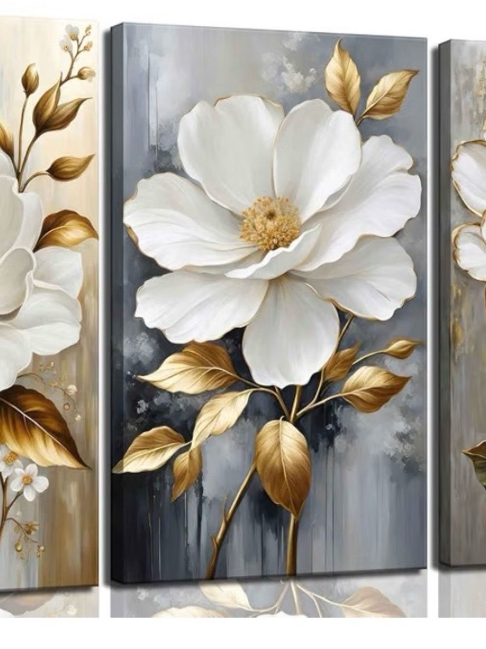 White & Gold Floral Wall Art Canvas - Elegant Home Décor
